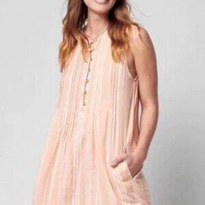 FAHERTY Women's Medium Isha Striped 100% Organic Cotton Dress Pockets Peach/Pink
